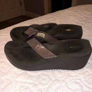 Volatile Shiny Brown Snakeskin Flip Flop Platform